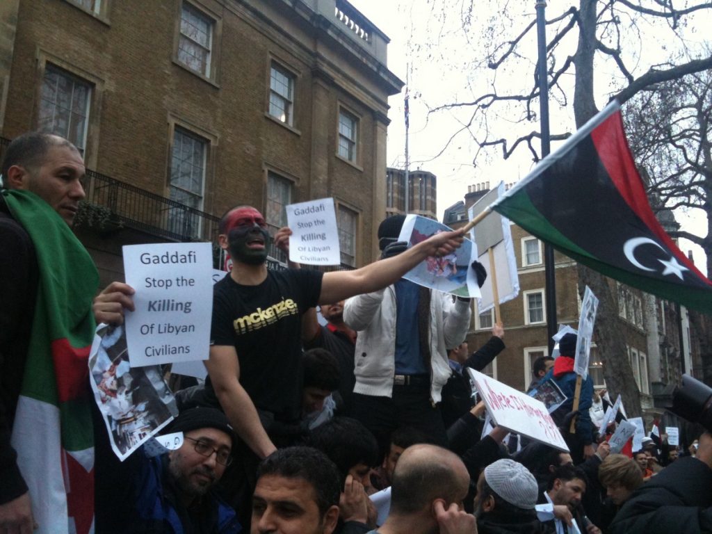 Libya protesters in London, where the rebel embassy reopens today