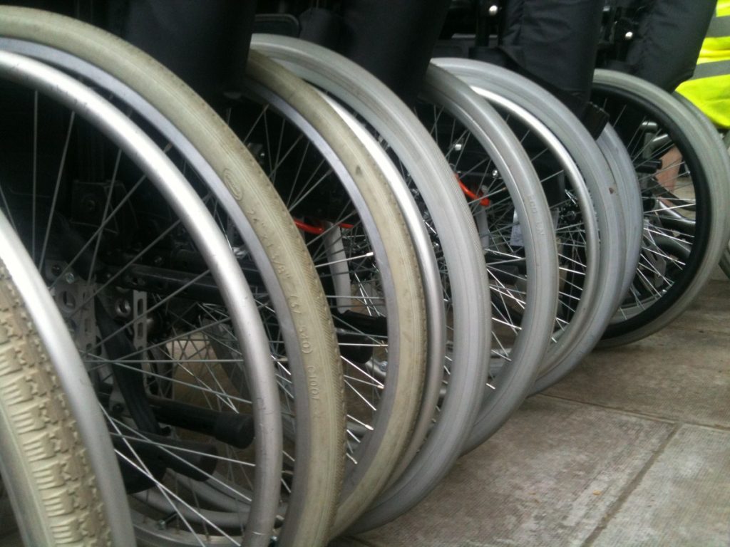Wheelchairs line up at the protest in Westminster today.
