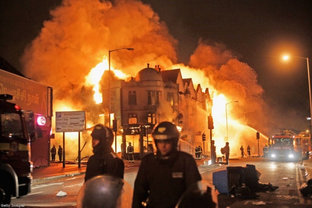Fire at a shop in Croydon during riots. Photo:Getty Images