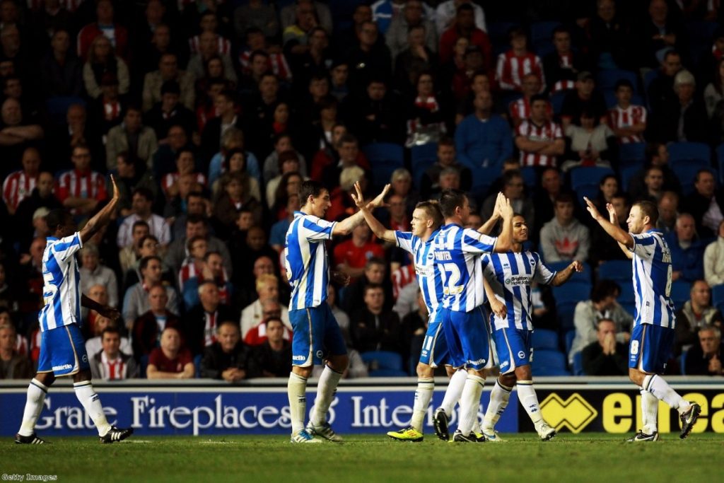 Brighton & Hove players celebrate while playing Sunderland in the Carling Cup