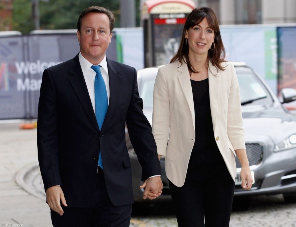 David and Samantha Cameron arrive at the Tory party conference this morning