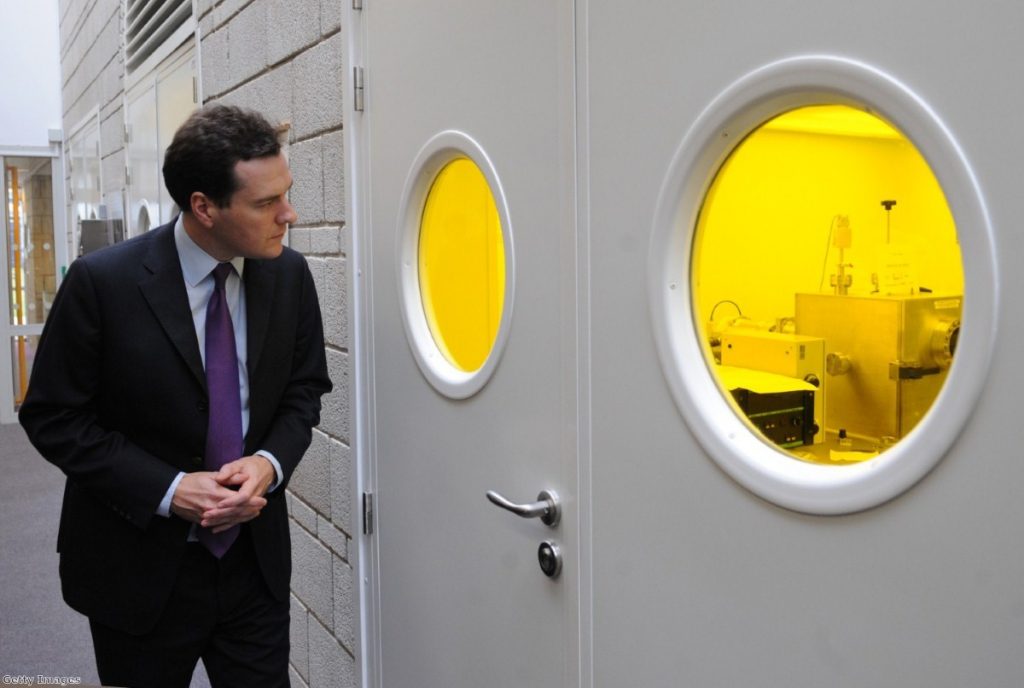Message to the yellows: Osborne tours a science laboratort being used to research the use of Graphene this morning.