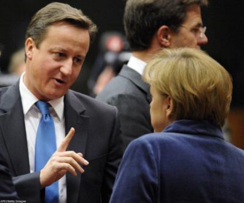David Cameron navigates another tense moment with German chancellor Angela Merkel. Campaigners want Britain to step back from the EU.