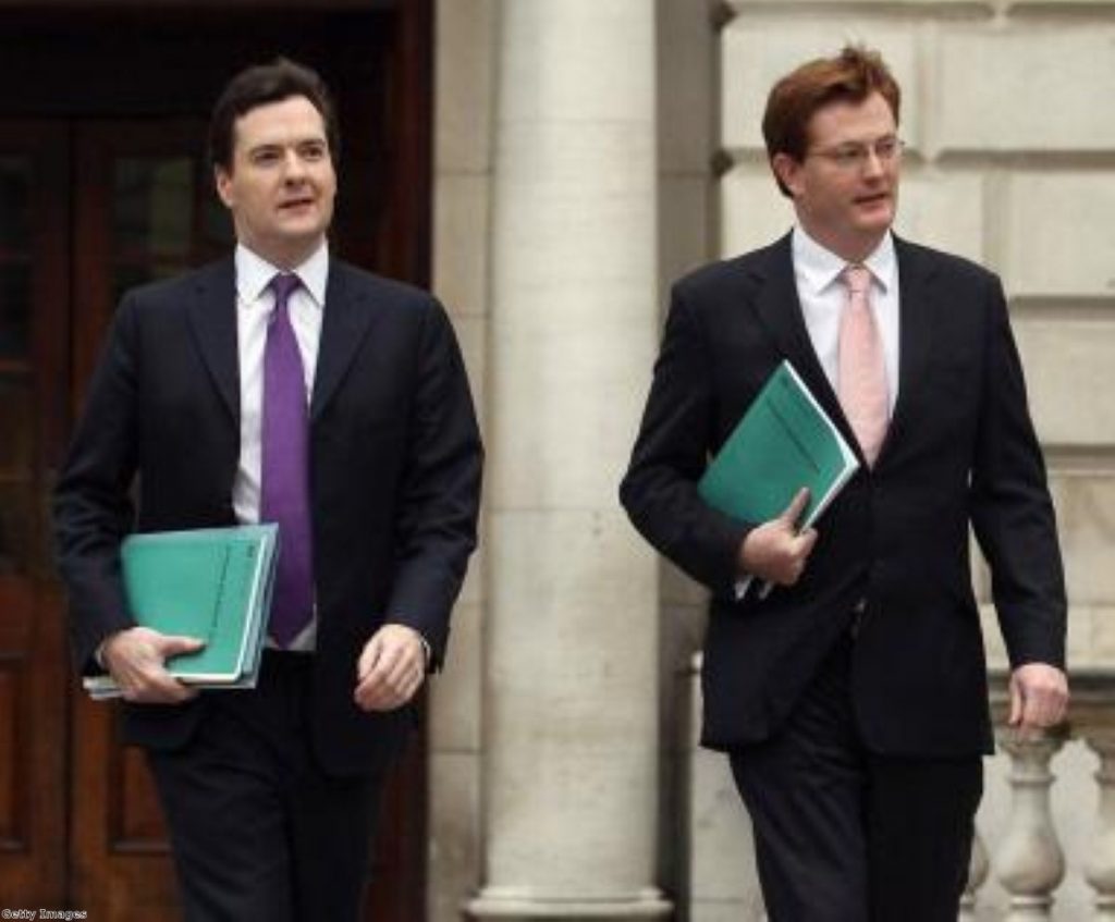 George Osborne and Danny Alexander emerge from the Treasury