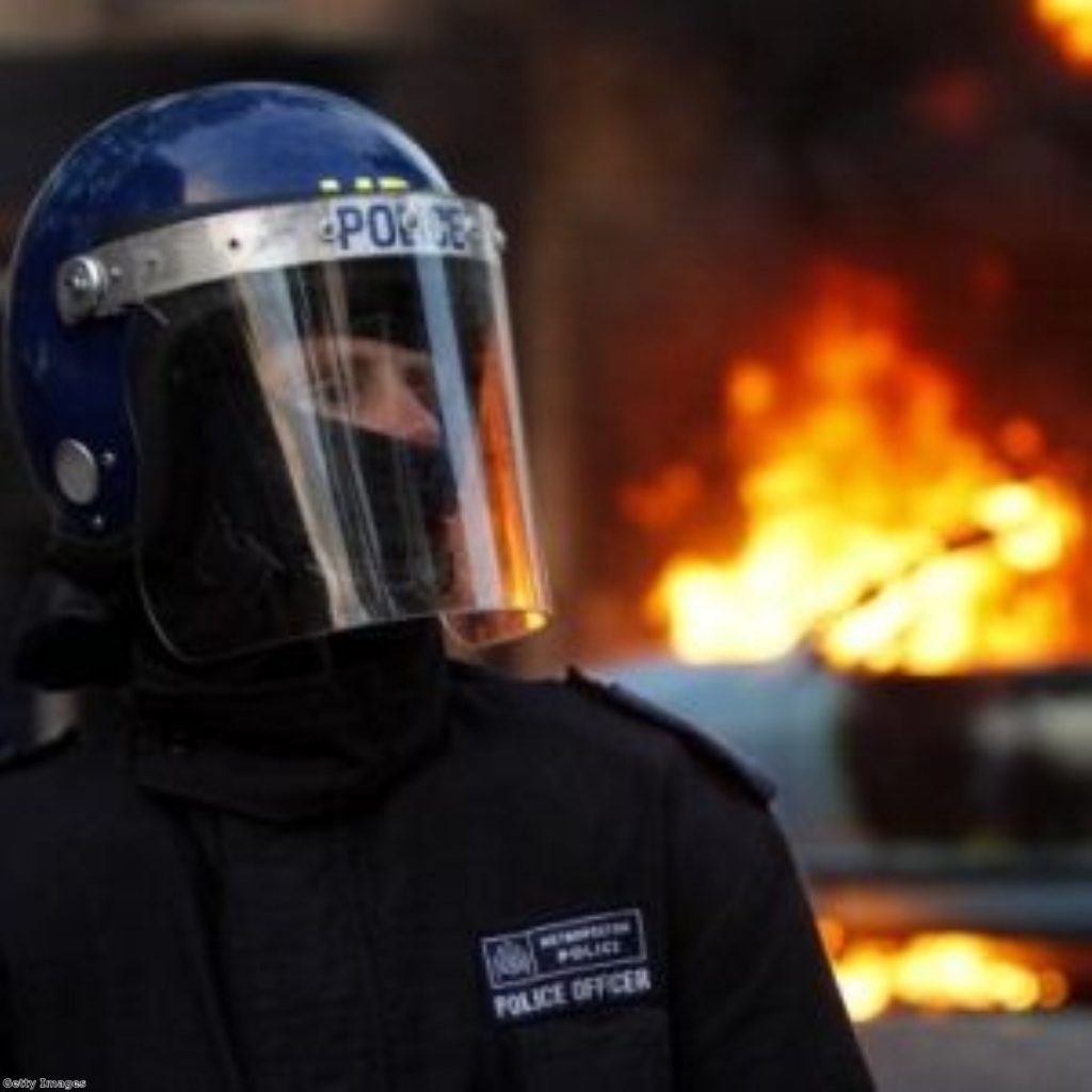 A police officer looks on as a car burns in the riots. MPs decided water cannons and rubber bullets would not have helped control the disorder.