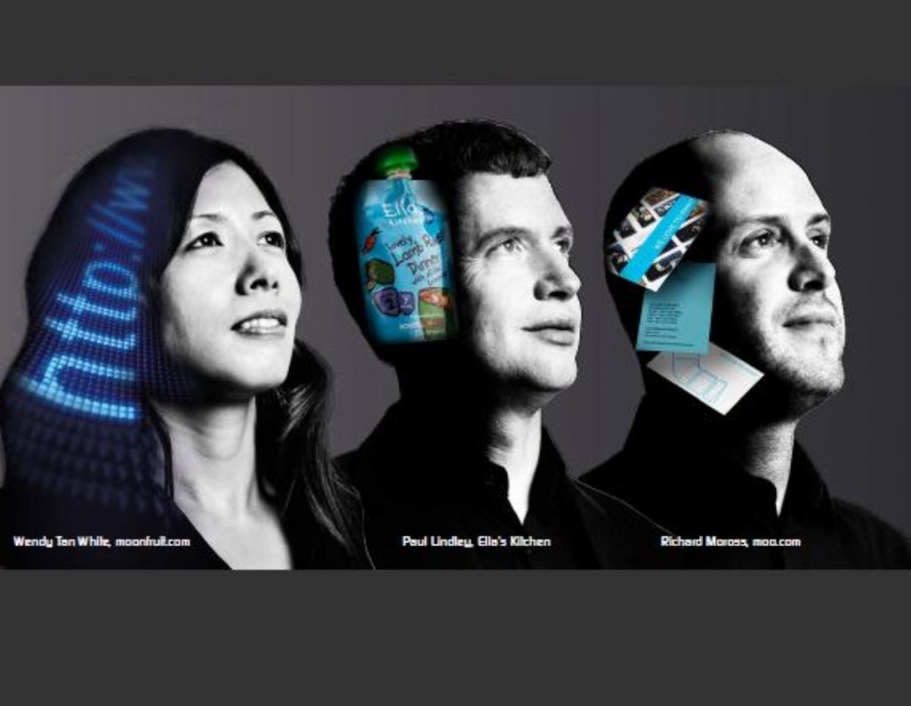 A 'business in you' campaign poster features Wendy Tan White of Moonfruit, Paul Lindley of Ella's Kitchen and Richard Moross of Moo.com