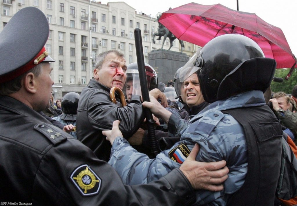 Russian police arrest Volker Beck, a German lawyer after he was beaten by opponents of a gay-pride in front of Moscow City Hall in 2006.