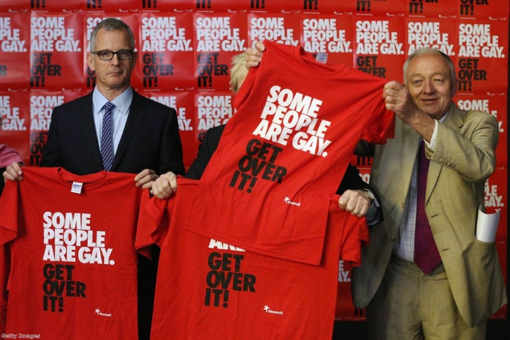 Ken jokingly covers up Boris' face with a Stonewall T-shirt during a hustings event last week.