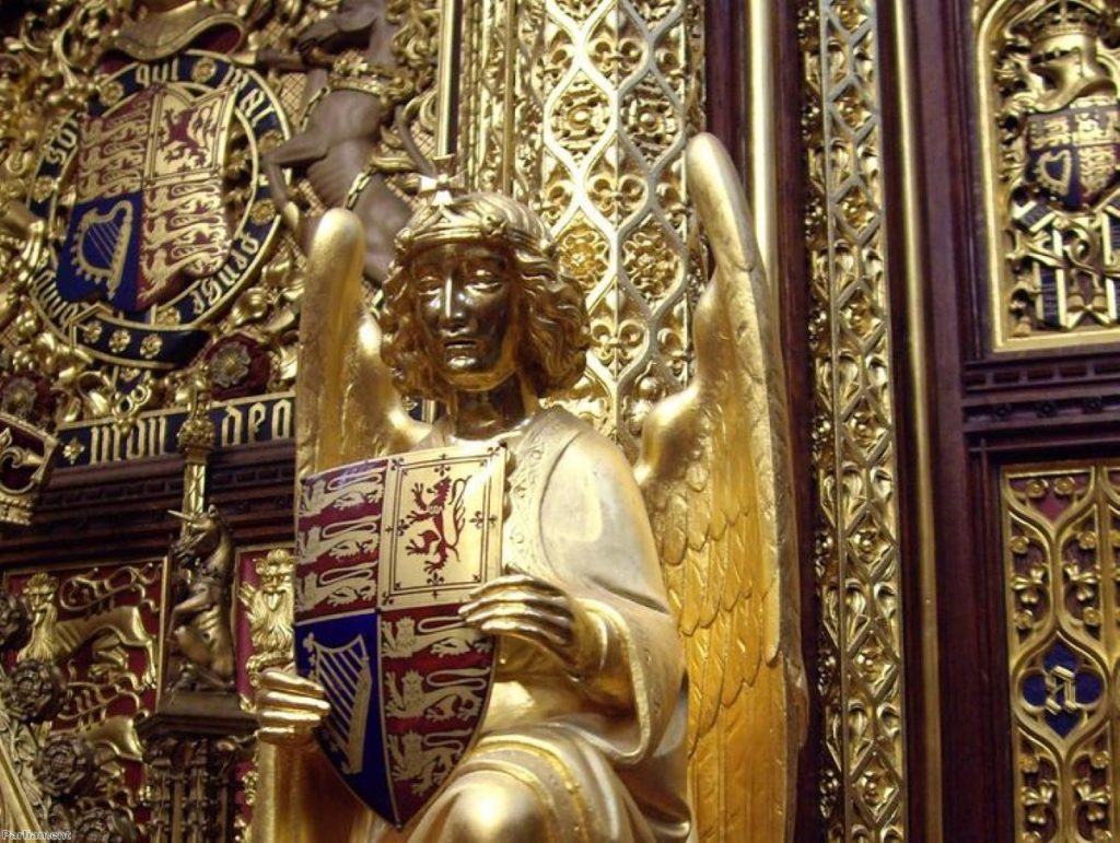 An angel looks on from the House of Lords throne