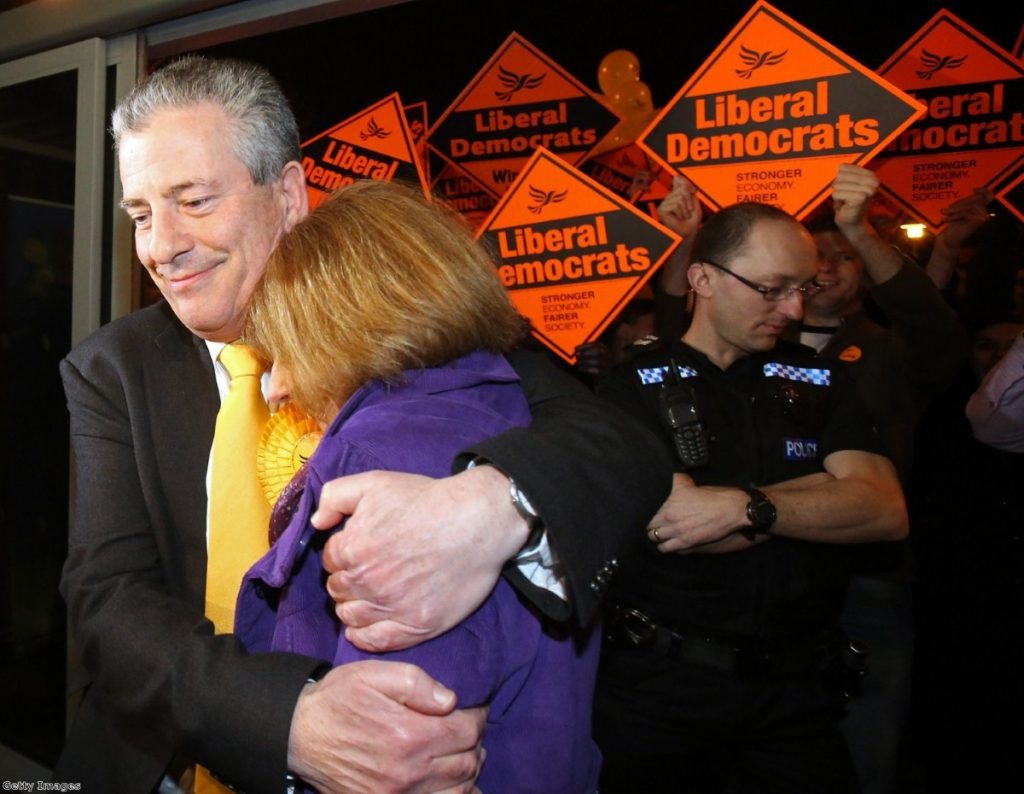 Mike Thornton, Liberal Democrat MP for Eastleigh, celebrates his victory  with his wife