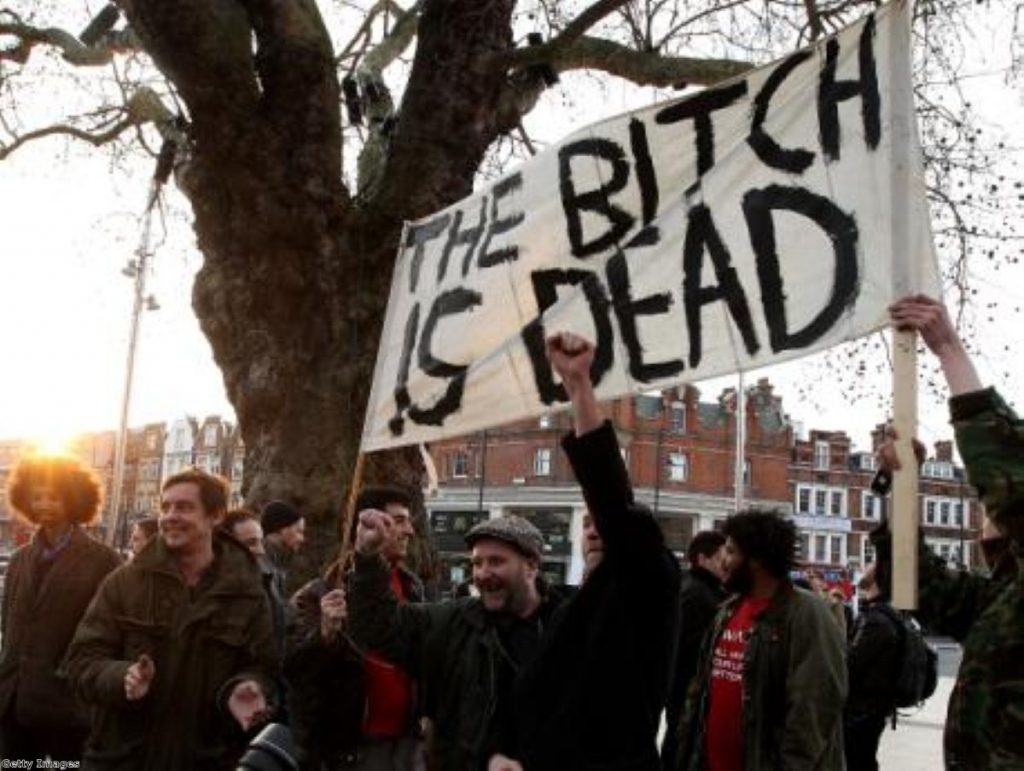People march through Brixton celebrating the death of Margaret Thatcher yesterday