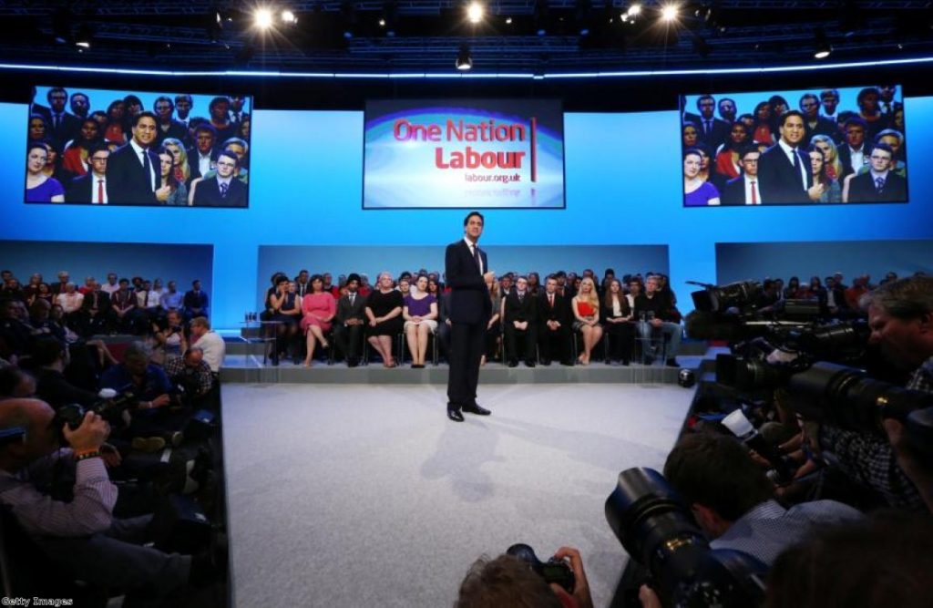 Ed Miliband delivering his conference speech in Brighton today