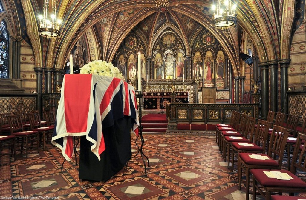Margaret Thatcher's coffin lies in the St Mary Undercroft chapel in the Commons last year