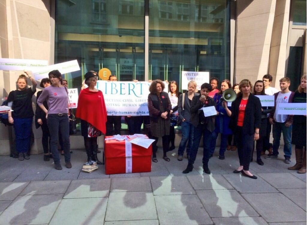 Writers for Liberty drop off a parcel of books at the MoJ for Chris Grayling's birthday