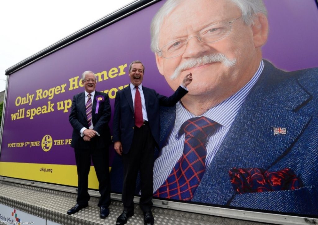 Roger Helmer (l) with Nigel Farage on the campaign trail in Newark