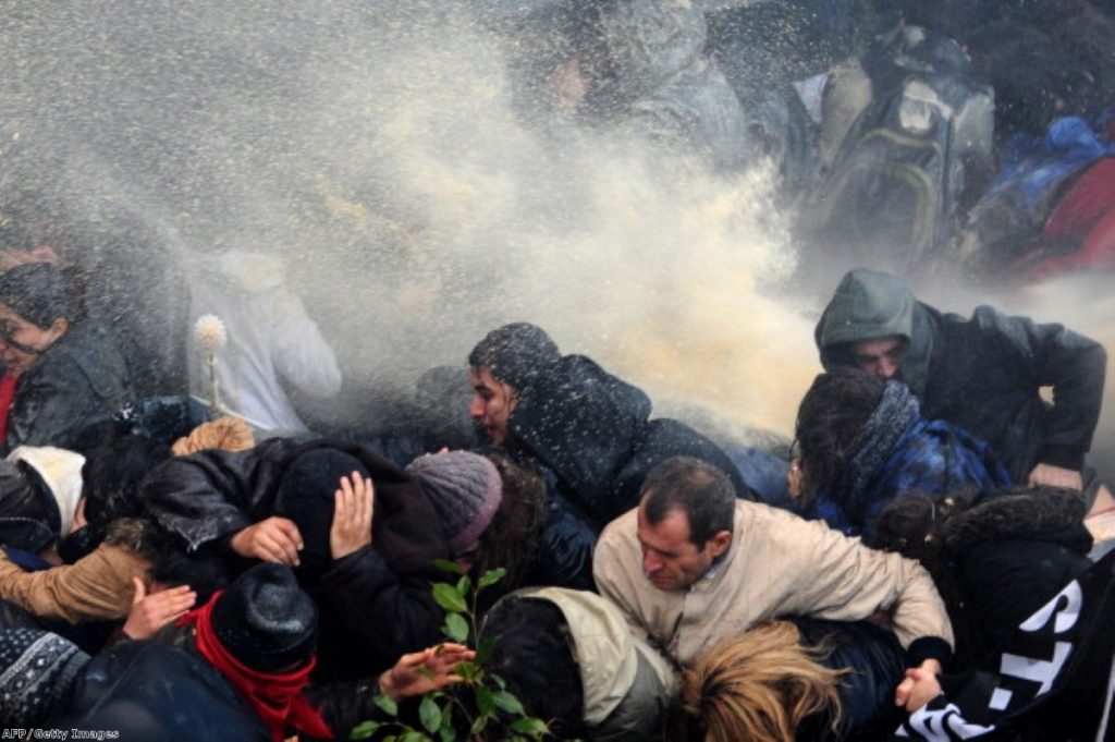 Water cannon being used against anti-government protesters in Turkey.
