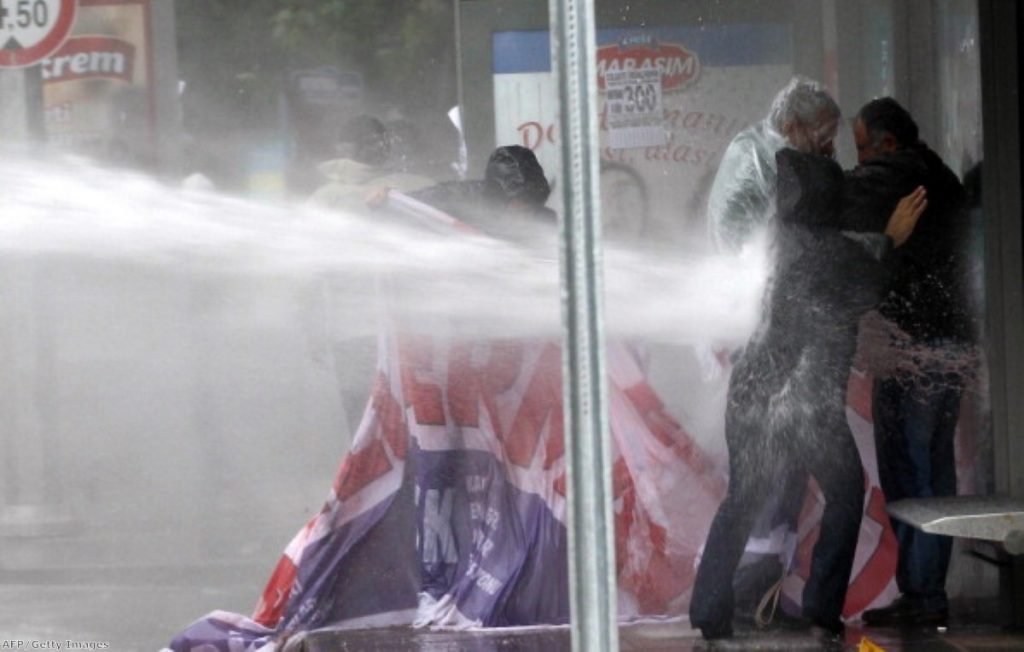Water cannon being used against anti-government protesters in Turkey.