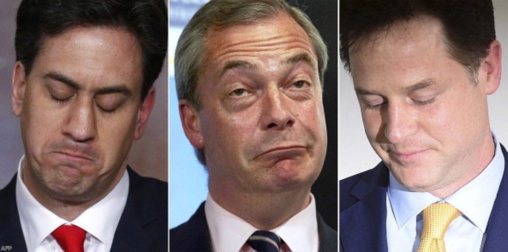 Ed Miliband, Nigel Farage and Nick Clegg: Two down, one out