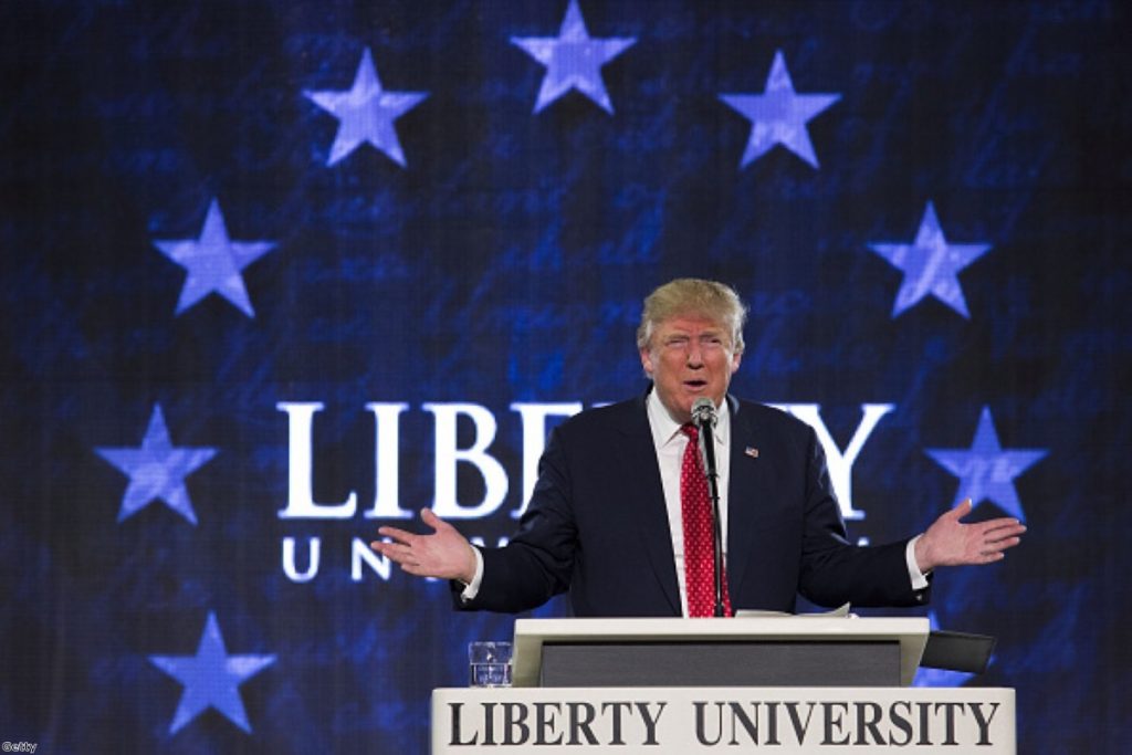 Donald Trump speaks during a Liberty University Convocation in Lynchburg, Virginia