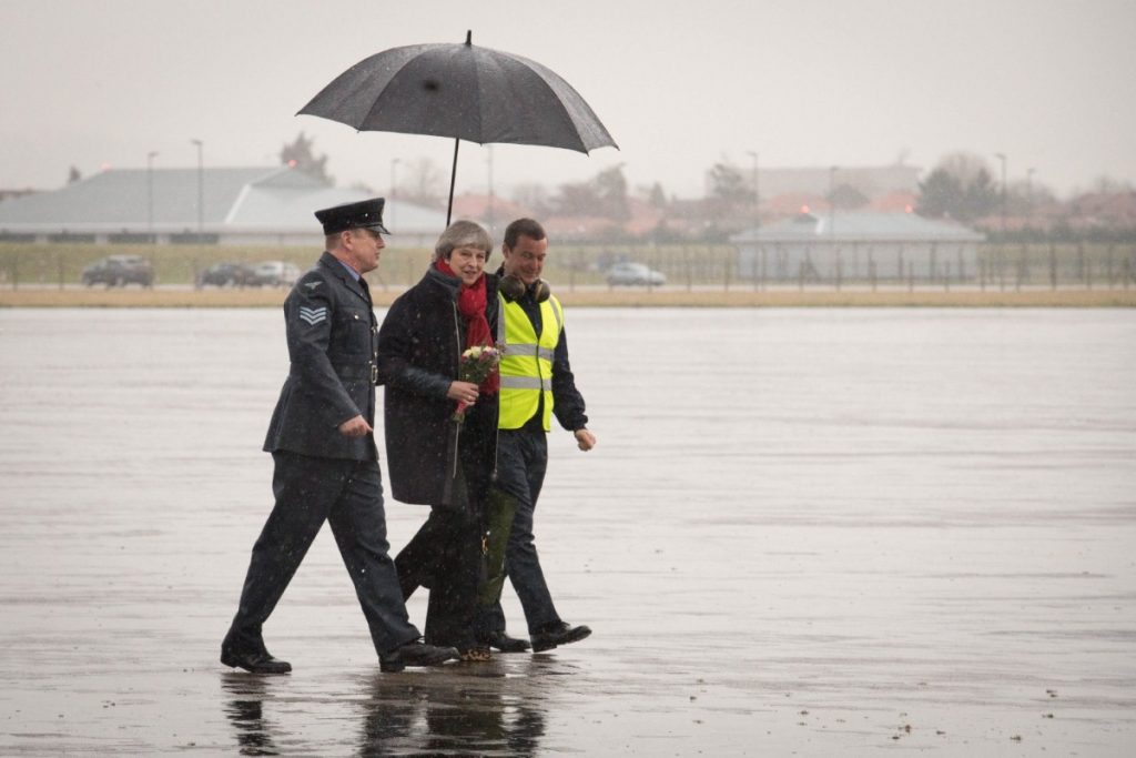 Theresa May arrives at RAF Northolt during a tour of the four nations for the anniversary of triggering Article 50