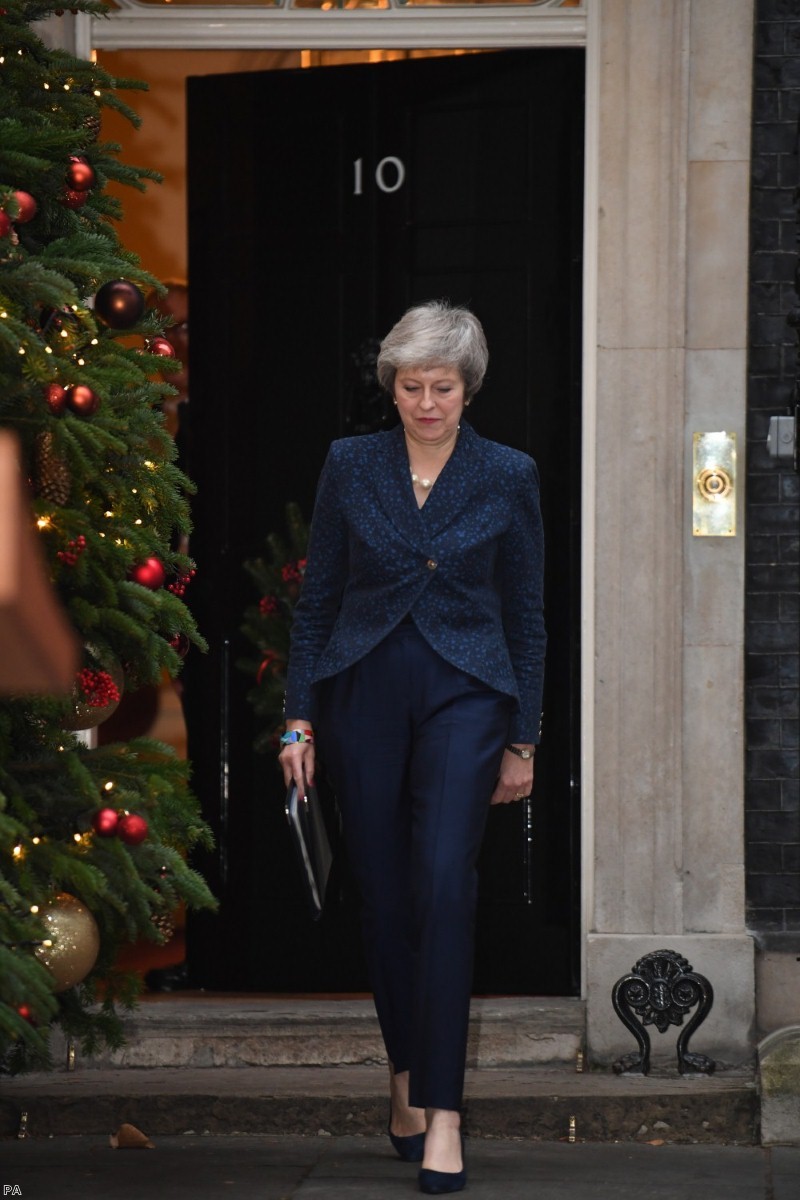 May walks out of Downing Street to make her statement this morning. She will face the no-confidence challenge in the evening.