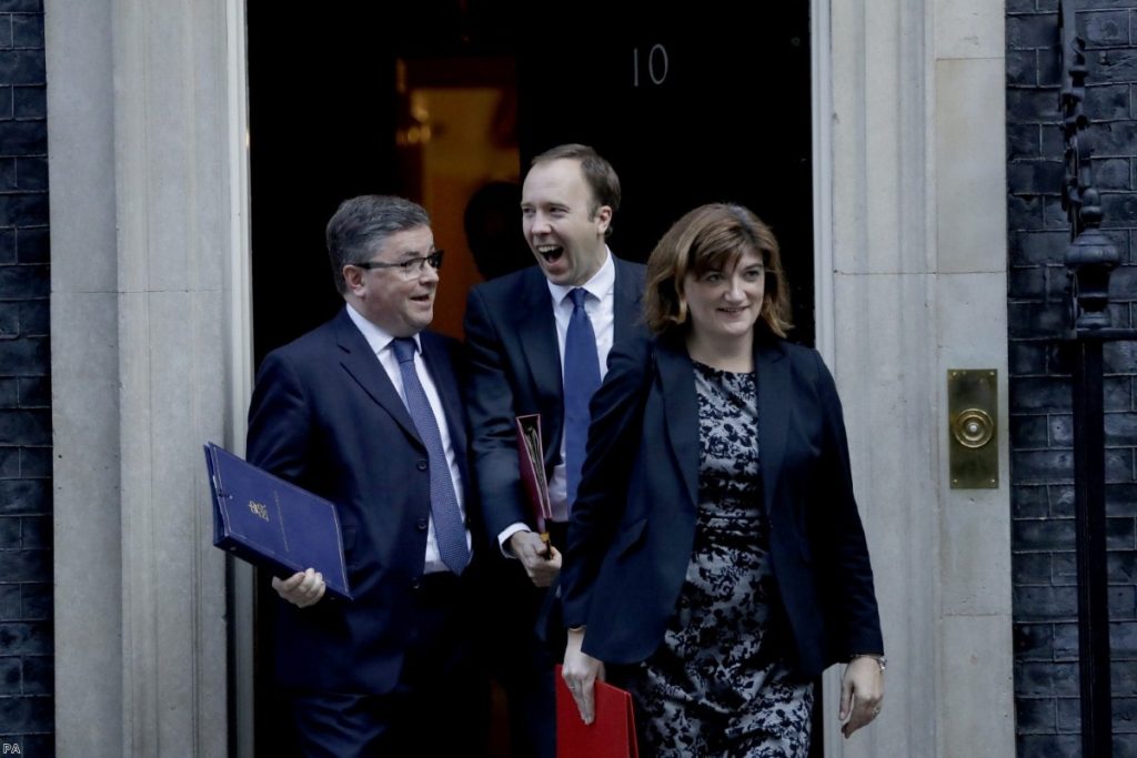 Ministers leave after a Cabinet meeting. The narrative of the government becomes ever more difficult to discern.
