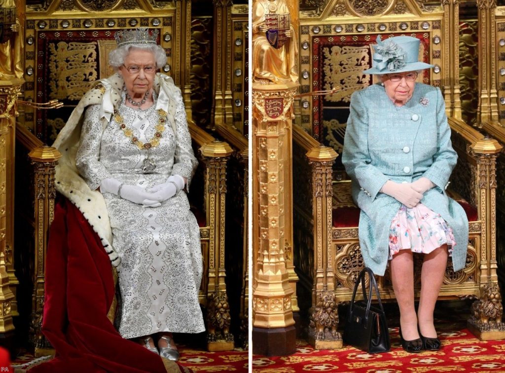 Little pomp: No robes for the Queen in this latest State Opening of Parliament (right). She is pictured in her previous visit on the left.