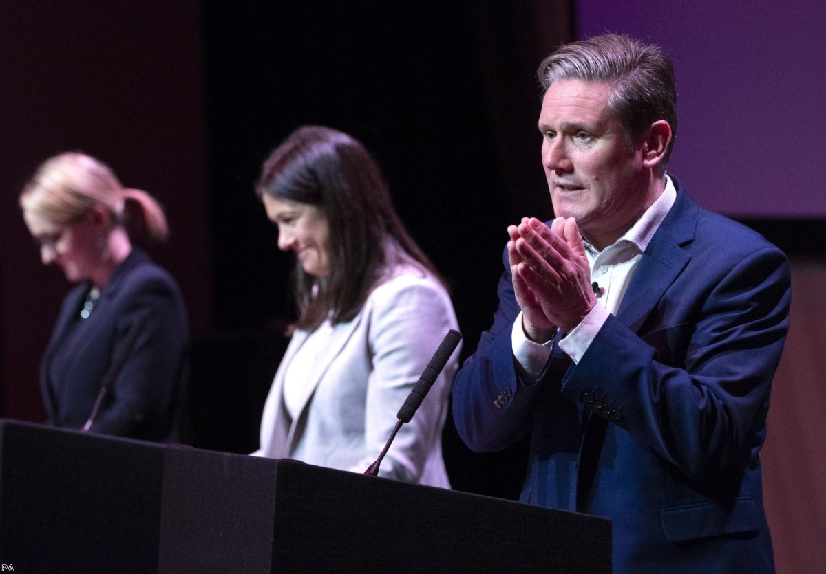 Keir Starmer speaking alongside Lisa Nandy and Rebecca Long-Bailey during the Labour leadership hustings in Glasgow