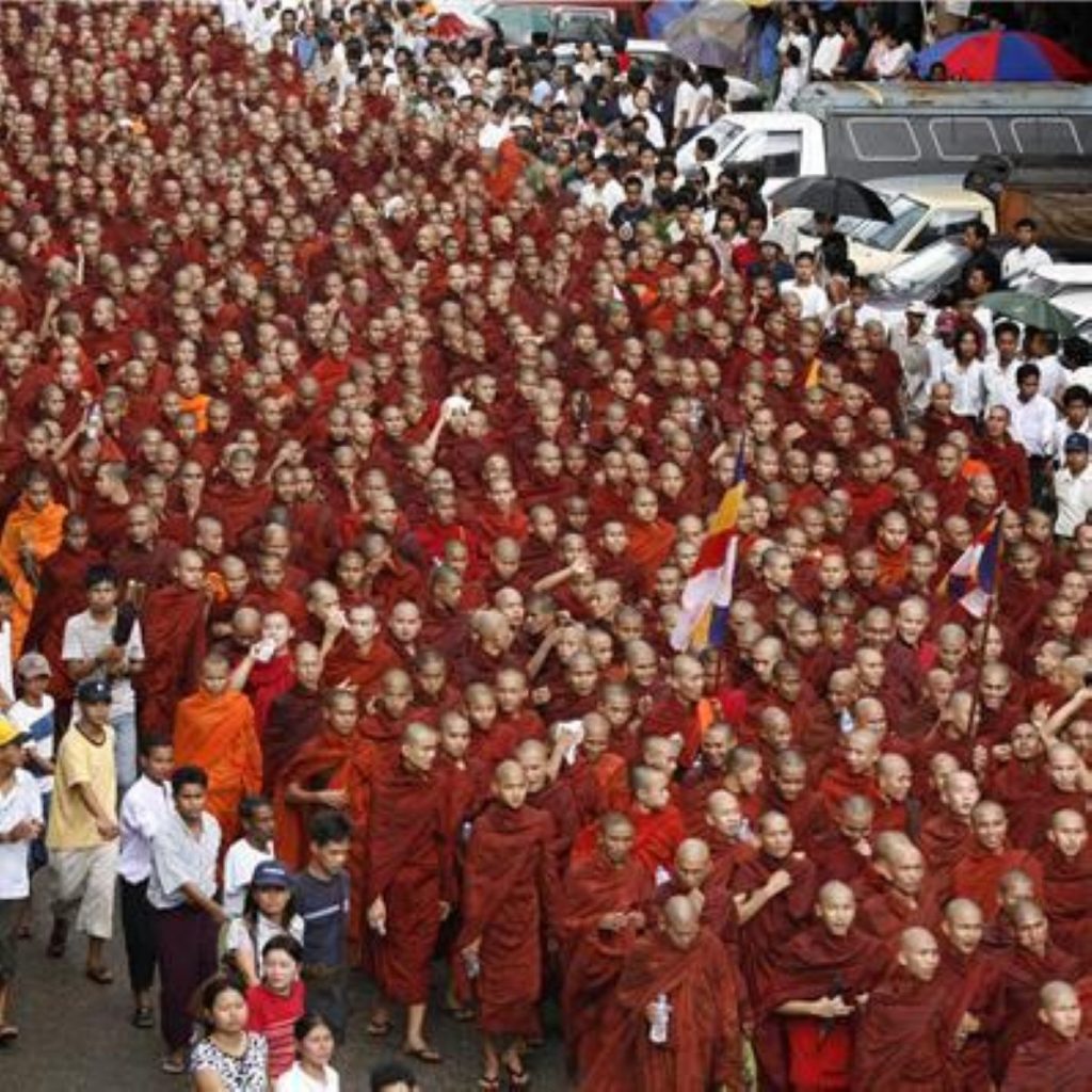 Burmese monks flood the streets in protest, as Gordon Brown warns ruling leaders to excercise 'restraint'.