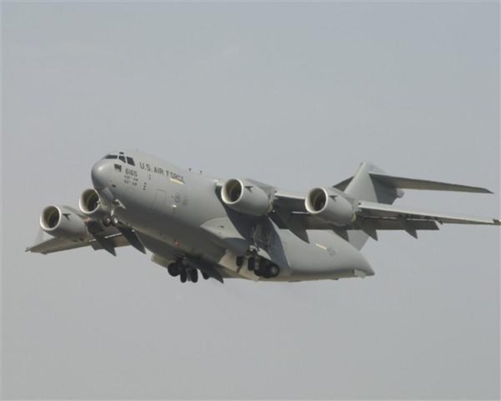 A C-17 transport aircraft like the one now stuck on the runway in Paris