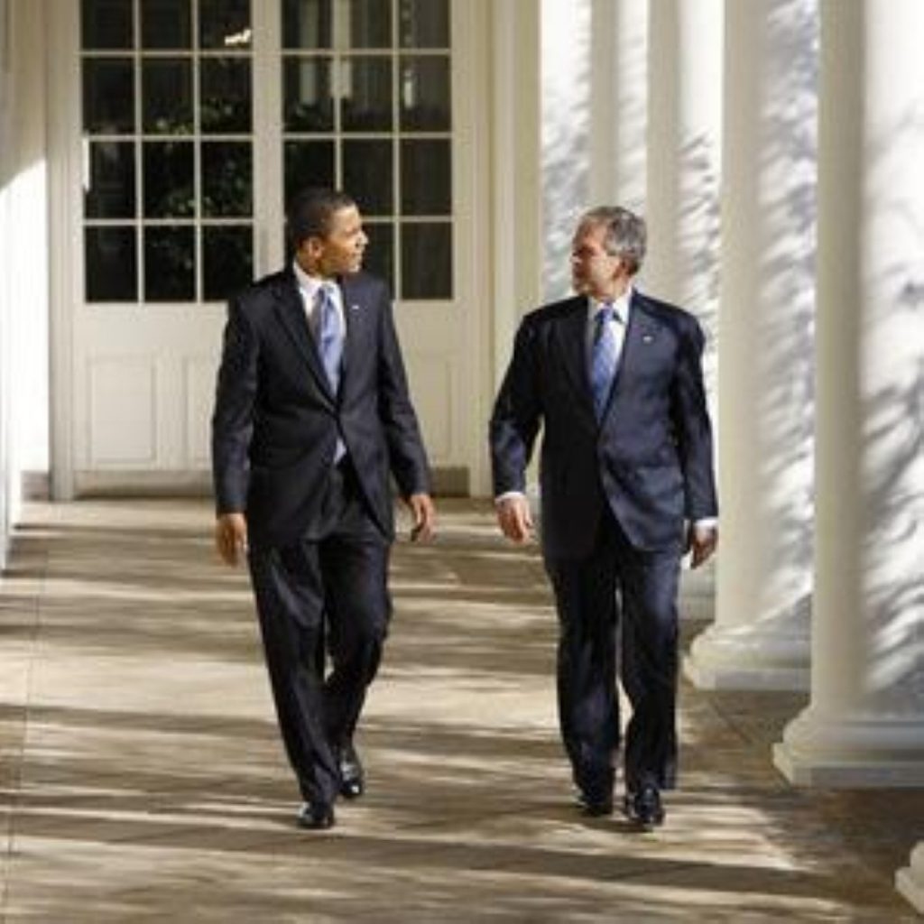 President Bush and Barack Obama meet during the latters visit to the White House on Monday