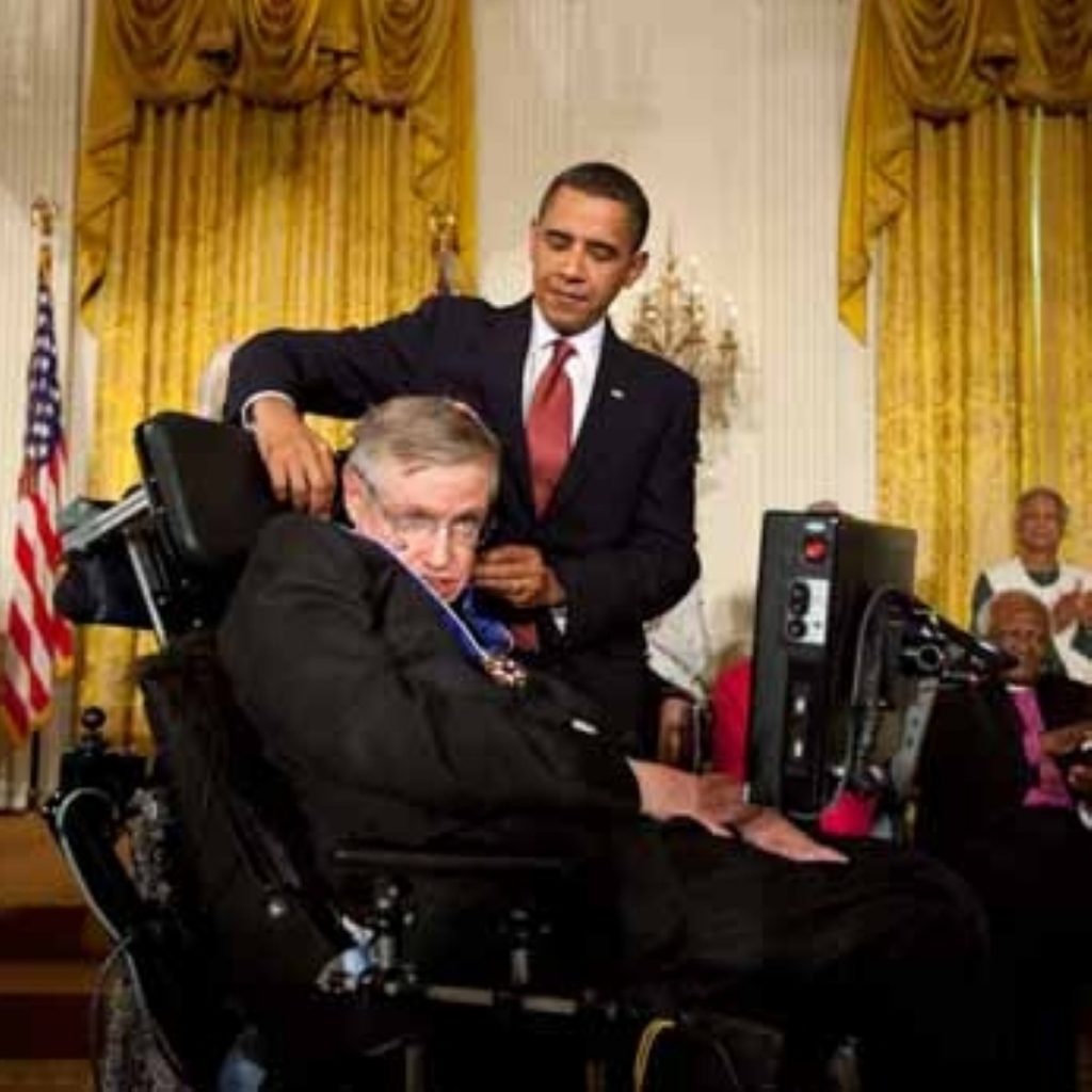 President Obama gives Professor Stephen Hawkins the presidential medal of freedom. Some commentators, unaware of prof Hawkins nationality, had claimed he would have died if he was born in the UK.