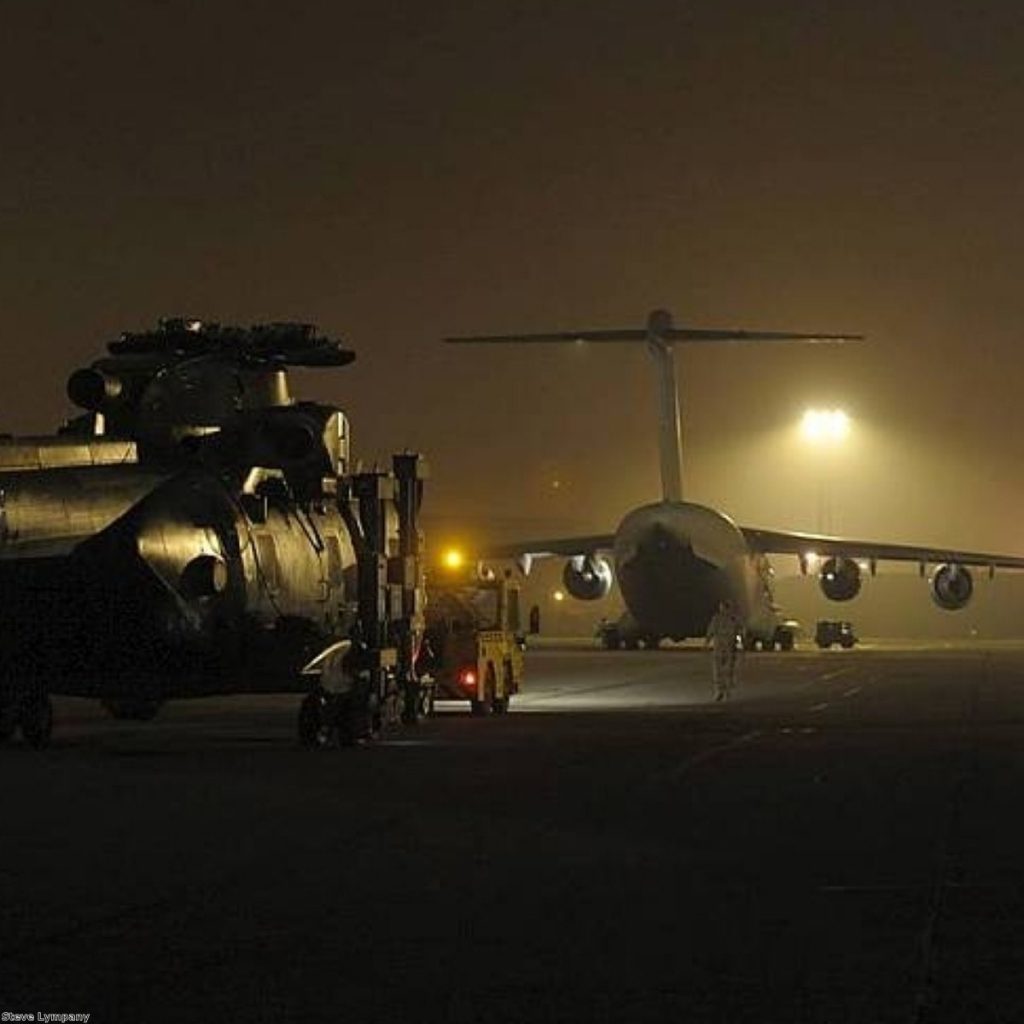 Blades clipped: The Merlin arrived at Camp Bastion transported in the C-17 carrier