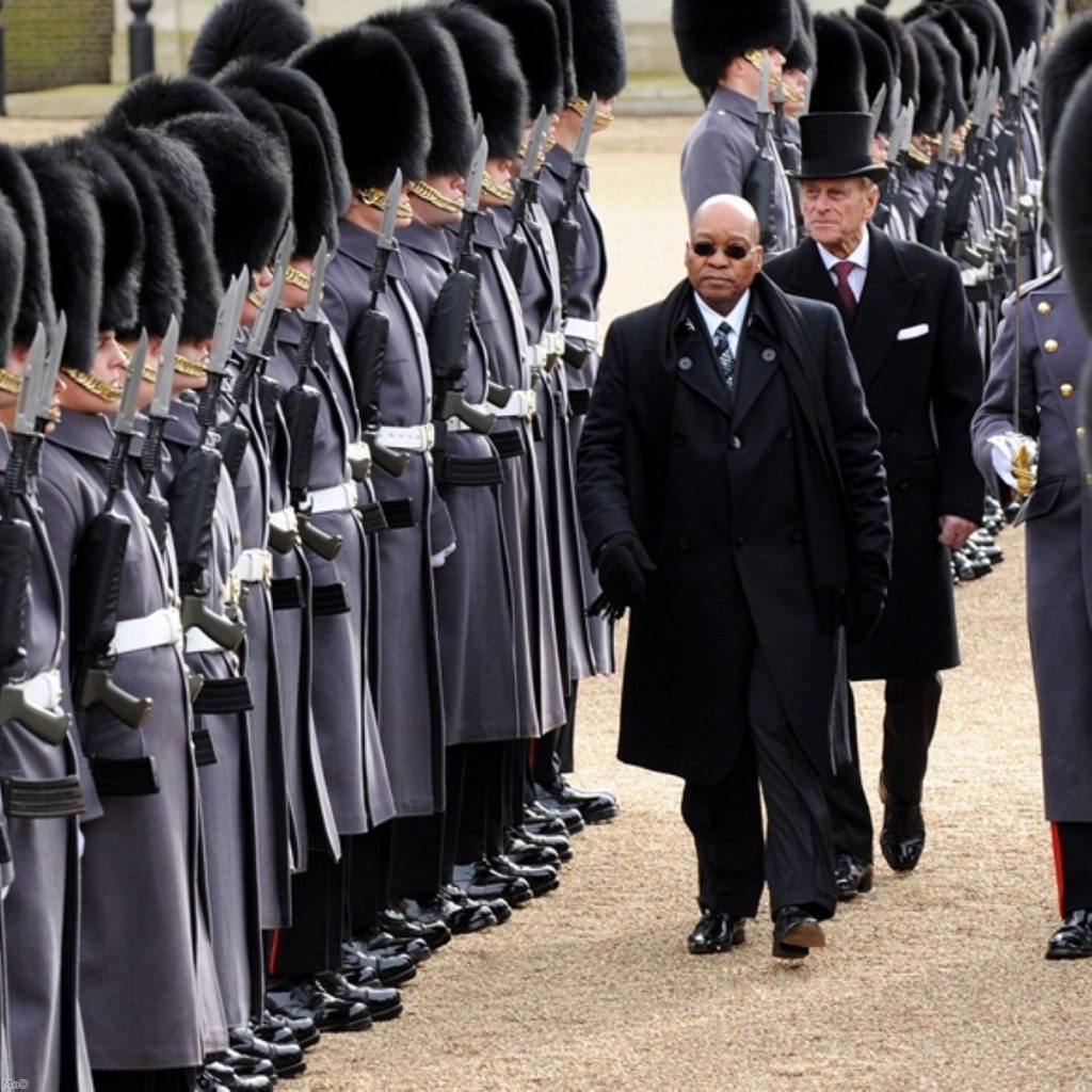 Jacob Zuma inspects British troops on Horse Guards Parade yesterday