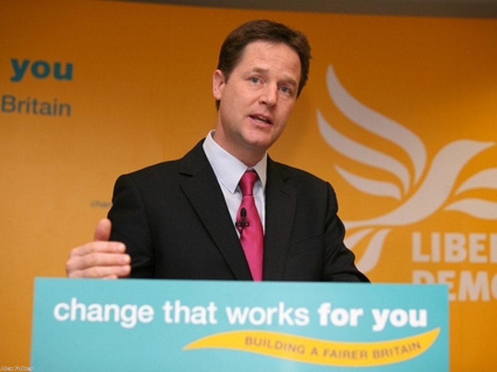 Nick Clegg stresses a point at his morning press conference earlier today