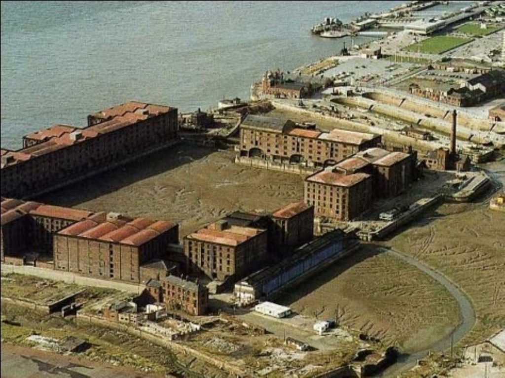 Albert Dock in Liverpool, in the 1980's. The history of Liverpool is blighted by unemployment.