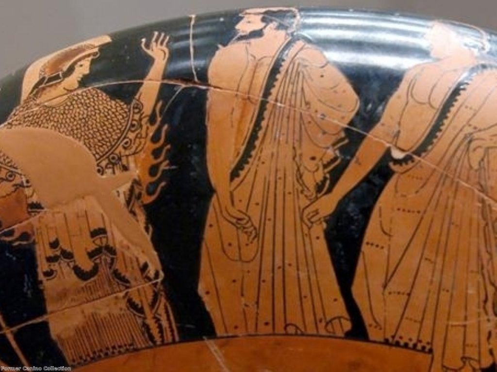 An early voting scene shows an archer watching over the Greeks placing ballots on a table