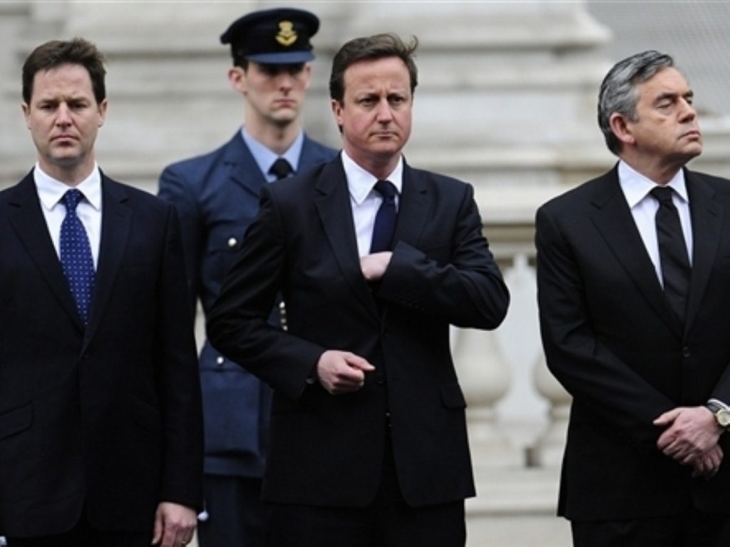 Nick Clegg, David Cameron and Gordon Brown at a VE ceremony on Sunday