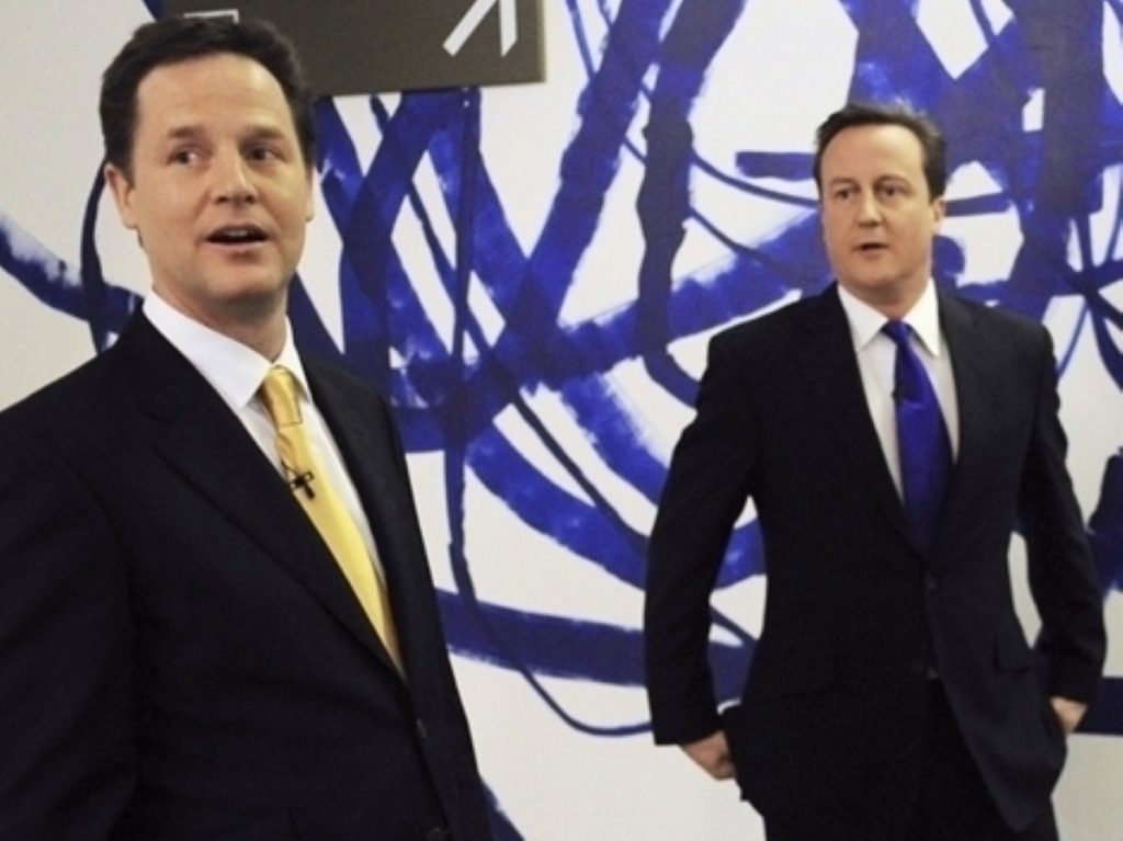 Nick Clegg and David Cameron before the second leaders' debate. They are now partners in government
