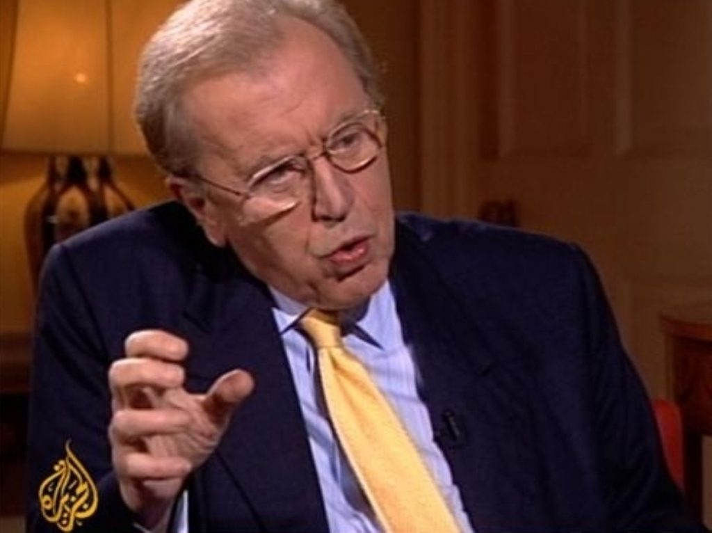 Sir David Frost during an interview with Tony Blair for Al Jazeera
