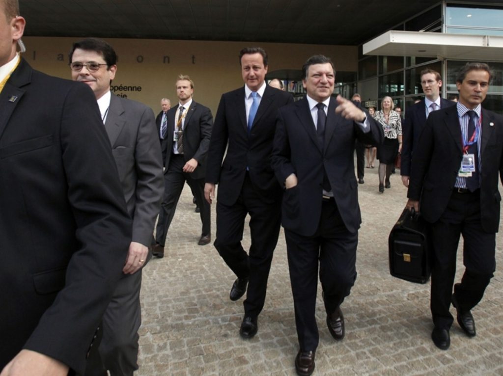 David Cameron talks with European Commission President Jose Manuel Barroso this morning before a press conference
