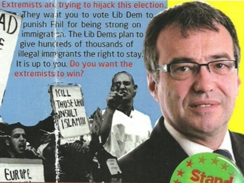 One of Phil Woolas' election leaflets, which were accused of stoking racial tension