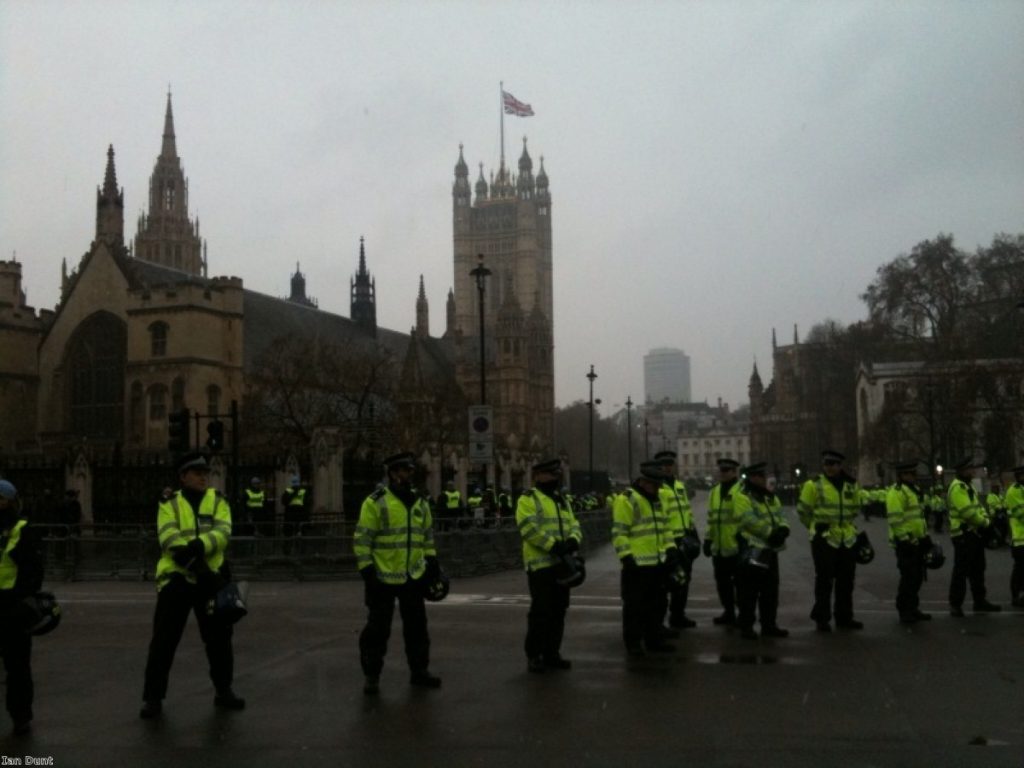 Battlelines: Police guard parliament during a student demonstration this week