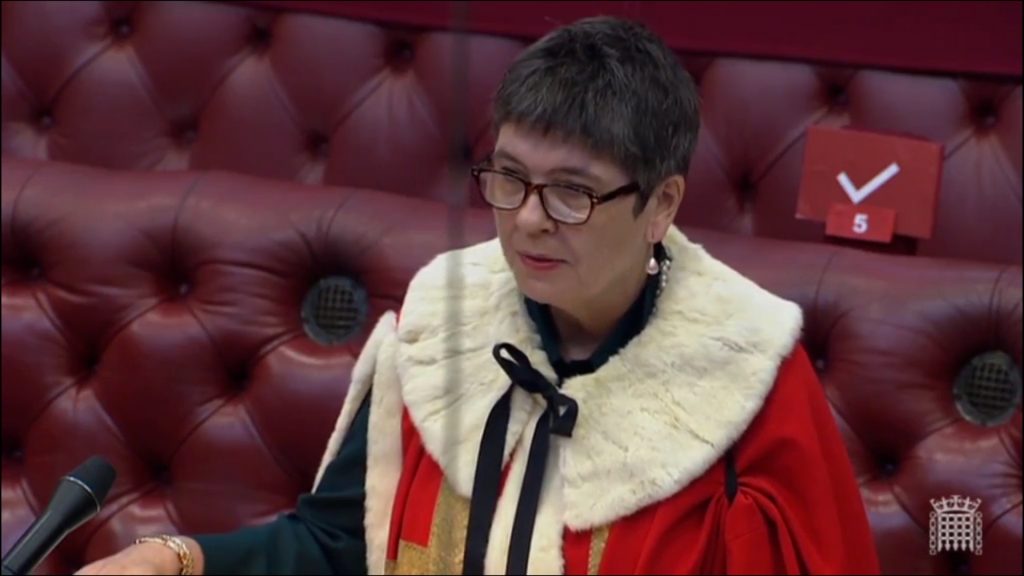 Claire, Baroness Fox of Buckley in ceremonial robes being sworn in to the House of Lords