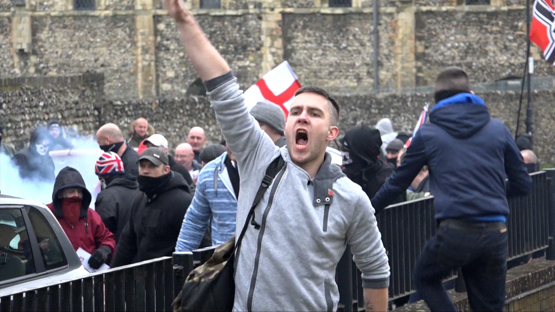 A member of the British far right giving a Nazi salute